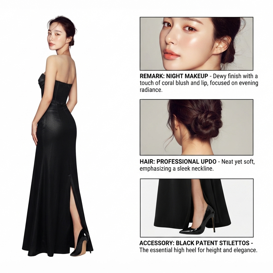 Club Sinsi dress code: night makeup, professional updo, black gown and stiletto heels